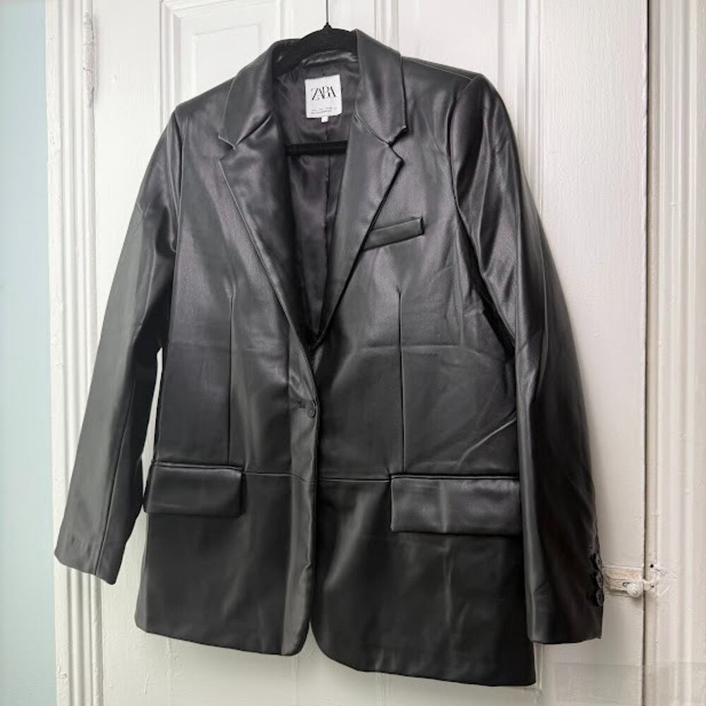 Zara Faux Leather Jacket‎ Womens Large Black Button Front Long Sleeve Collared